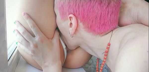  Licking juicy pussy on the windowsill
